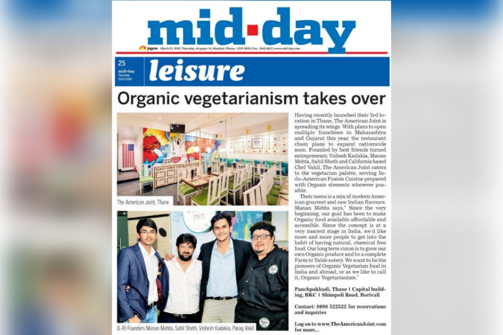 mid-day leisure feature on organic vegetarianism
