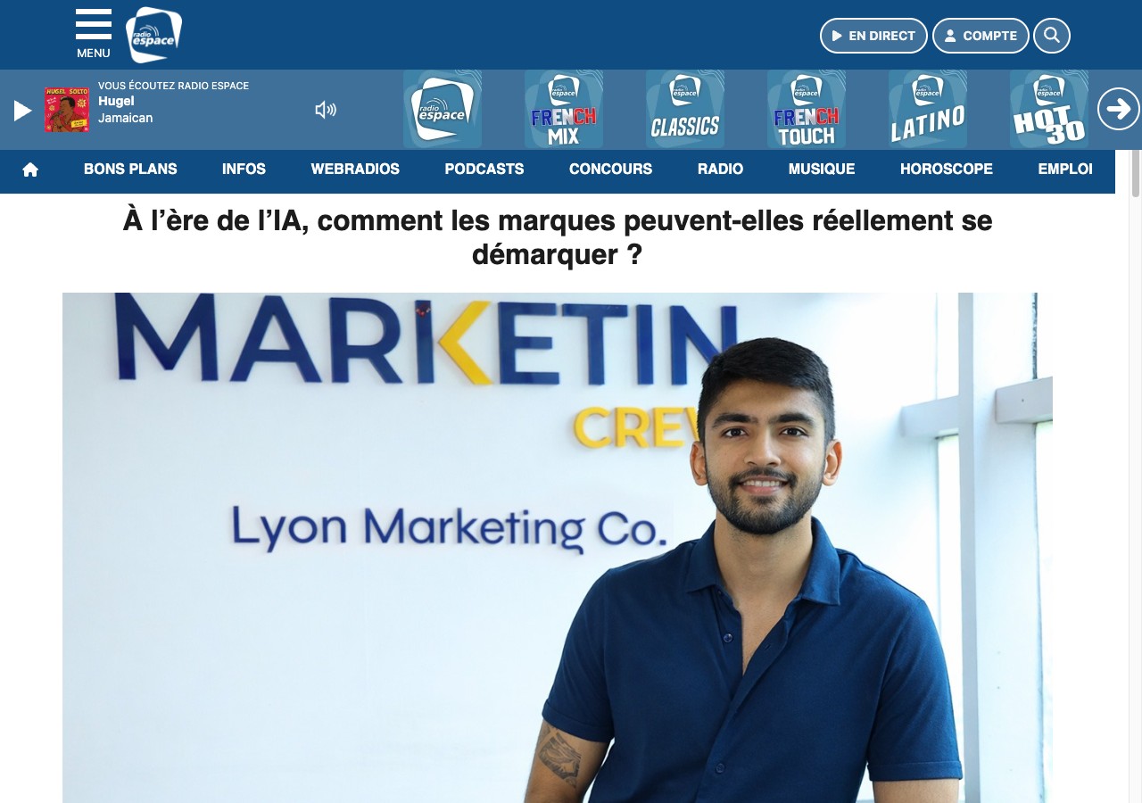 Radio Espace article page featuring Manan Mehta on AI and brand differentiation